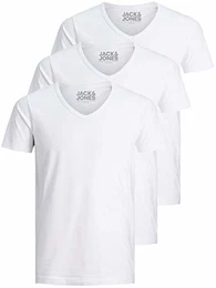 Jack and Jones Herren T-Shirt Basic V-Ausschnitt 3er Pack Einfarbig Slim Fit in Weiß Schwarz Blau Grau (Weiß, M)
