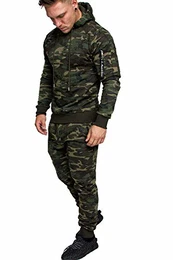 Herren Cargo Stil Sportanzug Jogginganzug Trainingsanzug Sporthose+Hoodie 1003 Camouflage Khaki L