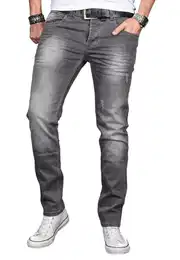 Herren Slim Fit Jeans Hose Denim Stretch-Jeans Jeanshose Washed [AS046 - Dark Grey - W32 L32]