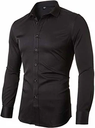 Herren Hemd aus Bambusfaser umweltfreudlich Elastisch Slim Fit für Freizeit Business Hochzeit Reine Farbe Hemd Langarm,DE M (Etikette 41),Schwarz
