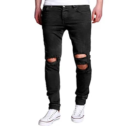 LAEMILIA Männer Jeans Slim Fit Schwarz Stretch Destroyed Jeanshose Denim Hose Röhrenjeans Casual