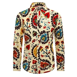 Herren Blumen Hemden Leinen Bunte Hemd Langarmhemd Muster Paisley Freizeitshemd Langarm Casual Shirt Farbe 8 XL