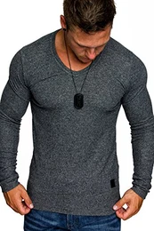 Herren Basic Pullover Melange Sweatshirt V-Neck Fein-Strick Hoodie 6052 Anthrazit Melange S