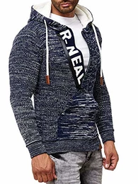 Herren Strick-Pullover Zipper Kapuzenpullover Strickjacke mit Kapuze Gr. S bis 4XL RN-13277, Größe:M, Farbe:Blau/Ecru