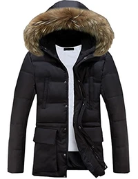 Herren Wintermantel mit Pelzkragen Winter Baumwolle Kapuzenjacke Outdoorjacke Winterjacke Warm Mantel Schwarz M