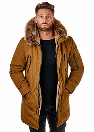 BR7128 Herren Parka Winterjacke Kunstfell Teddyfell Schwarz Camel, Größe:S, Farbe:Camel