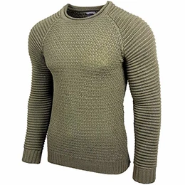 Herren Strickpullover Herren Two Tone Rundhals Pullover Grobstrick RN-13318, Farbe:Khaki, Größe:M