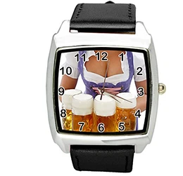 TAPORT® Oktoberfest Bier Quarz Uhr quadratisch schwarz Echtlederband