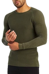 Herren Strickpullover Basic Rundhals Crew Neck Sweatshirt Langarm Sweater Feinstrick LN20729, Größe L, Khaki