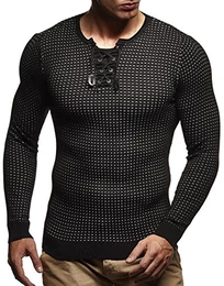 Herren dünner Strick-Pullover Rundhals-Ausschnitt Slim Fit Winter Sommer Moderner Männer Winterpullover Wollpullover Langarm Crew Neck Feinstrick LN1605 Schwarz-Ecru Medium