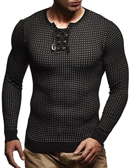 Leif Nelson Herren dünner Strick-Pullover Rundhals-Ausschnitt Slim Fit LN1605 Schwarz/Ecru (LN1605)
