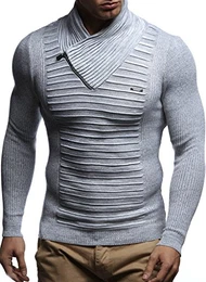 Herren Strick-Pullover Schalkragen Slim Fit Winter Sommer Moderner Männer Pulli Langarm T-Shirt mit Kragen Herren Hoodie-Longsleeve in schwarz LN1535 Ecru-Grau Medium