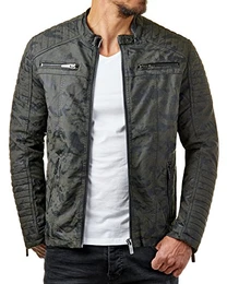 Herren Jacke Kunst Leder Biker Geteppt M6013, Größe:S, Farbe:Camouflage