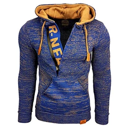 Herren Pullover Strick Kapuze Kapuzenpullover Verschluss Bauchtasche A1-RN13277, Größe:M, Farbe:Sax/Camel
