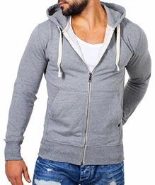 Young & Rich Herren Basic Sweatjacke mit Kapuze Kontrast Look einfarbig Slimfit Sweatshirt Hoodie Jacket Reißverschluss, Grösse:M, Farbe:Grau
