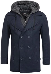 Indicode Herren Cliff Kurzmantel aus hochwertiger Wollmischung mit Stehkragen kurzer Wollmantel moderner Herrenmantel Lange Jacke Wintermantel Zweireiher Mantel für Männer Navy M