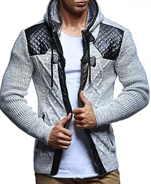 Herren Strick-Jacke mit Kapuze Slim Fit Grobstrick Moderner schwarzer Herren Hoodie-Sweatjacke-Winterjacke Langarm Grobstrick LN5355 Ecru-Grau Medium