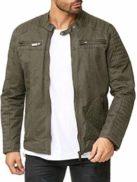 Herren Jacke Übergangsjacke Biker Kunstleder Echtleder Baumwolle mit gesteppten Bereichen (M, Dunkelkhaki - Baumwolle)