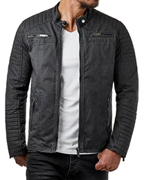 Herren Jacke Übergangsjacke Biker Kunstleder Echtleder Baumwolle mit gesteppten Bereichen (M, Schwarz - Baumwolle)
