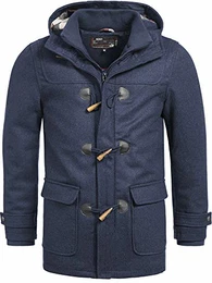 Indicode Herren Ervin Dufflecoat aus hochwertiger Wollmischung mit Stehkragen & Kapuze kurzer gefütterter Wintermantel Lange Jacke Wollmantel Herrenmantel Mantel für Männer Navy M