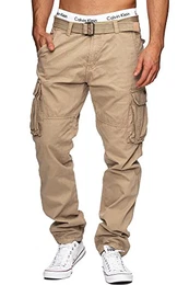 Indicode Herren William Cargohose aus Baumwolle m. 7 Taschen inkl. Gürtel Lange Regular Fit Cargo Hose Baumwollhose Freizeithose Wanderhose Trekkinghose Outdoorhose für Männer Fog M