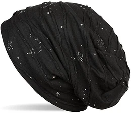 Beanie Mütze mit Metallic Splashes Sterne und Pailletten, Slouch Longbeanie, Unisex 04024136, Farbe:Schwarz