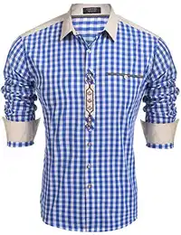 Trachtenhemd Herren Hemd Kariert Oktoberfest Cargohemd mit Baumwolle Freizeit Hemden Super Qualität blau M