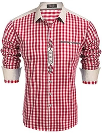 Trachtenhemd Herren Hemd Kariert Oktoberfest Cargohemd Baumwolle Freizeit Hemden Super Qualität- Gr. M, Winerot
