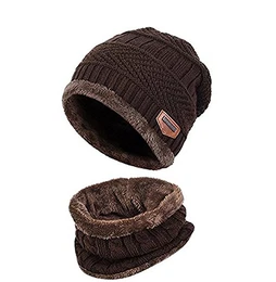 Kinder Winter warme Mütze mit Schal Strickmütze weich gefüttert.YR.Lover Kaffee Einheitsgrösse