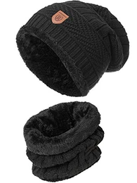 Indicode Herren Siracusa Winter-Set Mütze & Schal m. Fleecefutter (Teddyfleece) Beanie Loop Strickmütze Strickschal Herrenmütze Herrenschal Wintermütze Winterschal f. Männer Black One Size