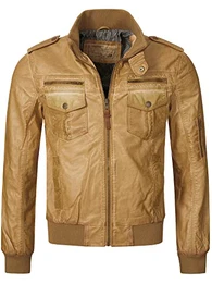 Herren Pawel Lederjacke aus Leder-Imitat m. Stehkragen Kunstleder Jacke Bequeme Herrenjacke f. Biker Übergangsjacke Men Faux Leather Jacket Coole Bikerjacke f. Männer Beige M
