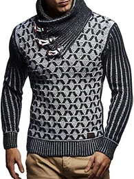 Herren-Strickpullover Strick-Pulli mit Schalkragen Moderner Woll-Pullover LN5385 Schwarz Ecru Medium