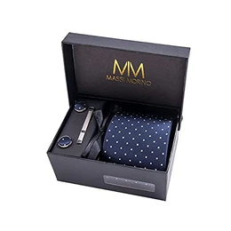 Massi Morino ® Herren Krawatte Set mit umfangreicher Geschenkbox blau blaue dunkelblau naviblau marineblau ozeanblau arktikblau pazifikblau blauekrawatte dunkelblauekrawatte gepunktet Punkte
