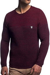 Herren Strick-Pullover Rundhals mit Logopatch Männer Winter-Pullover stylischer Herren Strick-Pulli warmer Männer Pulli Grobstrick Herren Basic Longsleeve Sweatshirt sweater K-114 Bordo M