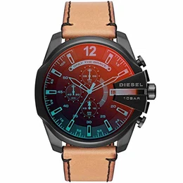 Herrenuhr Mega Chief, Dreizeigeruhrwerk, 59 mm schwarzes Edelstahlgehäuse mit Lederarmband, DZ4476