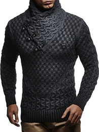 Herren Strick-Pullover Strick-Pulli mit Schalkragen Moderner Woll-Pullover Langarm-Sweatshirt Slim Fit mit Schnallen LN5255 Anthrazit Schwarz Medium