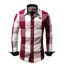 Herren Kariertes Hemd Langarm Oktoberfest Bügelfrei Freizeithemd Baumwolle Slim Fit (Rot-099, M)