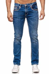 7444-1 Herren Hose Denim Dicke Nähte Dunkel Verwaschen Naht Orange Weiß, Farbe:Blau, Weite/Länge:31/32