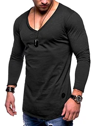 Herren Oversize Longsleeve V-Neck Rundhals Sweatshirt MT-7314 [Schwarz, XL]