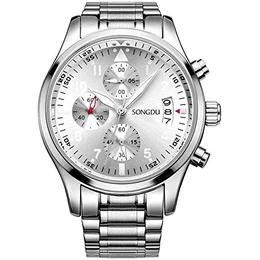 SONGDU Herren Quarz Unisex Armbanduhr mit Mode Edelstahl-Armband beiläufige Klassische, Chronograph Analog Kalender Datum Luminous Ziffer (Silver)