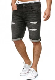 Indicode Herren Caden Jeans Shorts mit 5 Taschen aus 98% Baumwolle Kurze Denim Stretch Hose Used Look Washed Destroyed Regular Fit Men Short Pants Freizeithose f. Männer Holes - Black M
