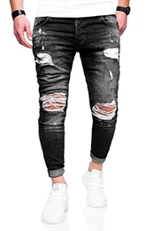 Rello & Reese Herren Destroyed Jeans Hose JN-3296 [Schwarz, W32/L32]