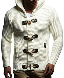 Herren Strick-Jacke mit Kapuze Slim Fit Grobstrick Moderner schwarzer Herren Hoodie-Sweatjacke-Winterjacke Langarm Grobstrick LN5380 Ecru 5380 Medium