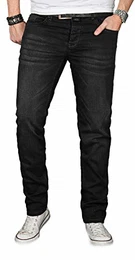 Designer Herren Jeans Hose Regular Slim Fit Jeanshose Basic Stretch [AS-056 - W32 L32] , Schwarz Effect