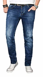 Designer Herren Jeans Hose Regular Slim Fit Jeanshose Basic Stretch [AS-052 - W32 L30] , Dunkelblau Used