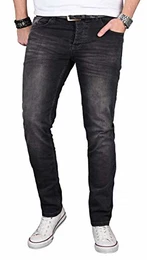 Designer Herren Jeans Hose Regular Slim Fit Jeanshose Basic Stretch [AS-057 - W31 L34] , Schwarz Washed