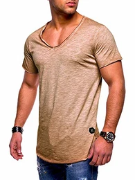 Herren T-Shirt Kurzarm Basic Oversize V-Neck MT-7102 [Beige, L]