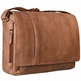 ''''Elias'''' Ledertasche Herren Umhängetasche Unitasche Laptoptasche 15.6 Zoll Aktentasche Bürotasche Büffel Leder, Farbe:Cognac - Hellbraun