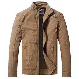 Herren Lässige Outdoor Jacke Leicht Baumwolle Jacken Stehkragen Übergangsjacke Cargo Reißverschluss Mäntel Kahki M