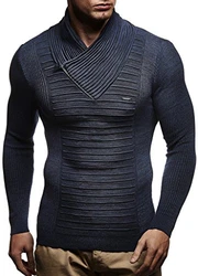 Leif Nelson Herren Strick-Pullover Schalkragen Slim Fit LN1535 schwarz/Dunkel Blau (LN1535)